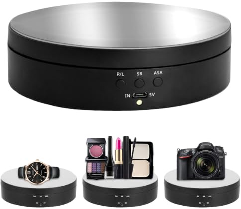 JASOLYI 360° Rotating Display Stand, Automatic Mute Rotating Turntable 13.8cm Angle and Direction Adjustable Turntable for Theme Exhibition, Window Display, Product Display(black,mirror)