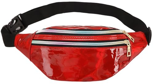 SSKHE Bunte, glänzende Hüfttasche für Party, Karneval, Sport, den täglichen Gebrauch, metallische Bauchtasche mit verstellbarem Riemen, wasserdicht, stilvolle Laser-Gürteltasche, 3 Fächer, rot
