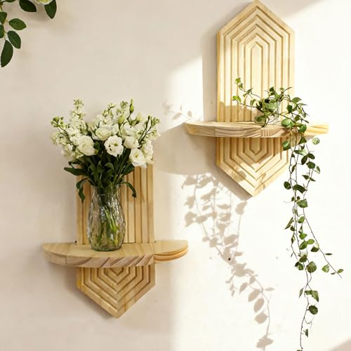 Wandregal Pflanzenständer 2 Stück, Holz Pflanzenregal für Wohnzimmer und Zimmer Pflanzen, Hängende Boho Blumenständer, Wanddeko Holz Regal Gewinde Design für Indoor Home Wand Balkon Decoration (D)