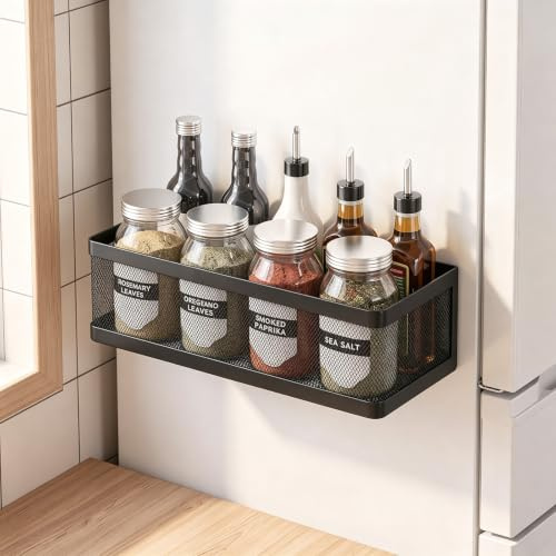 XIAOGE HOME Magnetic Spice Rack for Refrigerator, Magnet Fridge Shelf | Strong Magnetic,Mesh Basket,No Drilling,No Installation,Large Capacity, Detachable,Carbon Steel,Space Saving