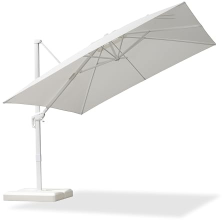 PURPLE LEAF Ombrellone da Giardino Esterno 3 X 3 m con Base a Croce, Parasole con Manovella 8 Stecche in Alluminio Tela 240 g/m² Protezione UV 50+, Inclinabile e Rotabile a 360°, Bianco