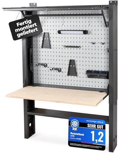 sortiQ Werkbank für Werkstatt [abschließbar] | 75kg Tragkraft | Stahlrahmen | kompakter Arbeitstisch klappbar & höhenverstellbar, LED-Licht, Steckdosenleiste, smarte Werkstatteinrichtung