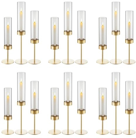 VEVOR Bougeoirs Ouragan Lot de 18, Bougeoirs Cylindriques en Verre avec Support en Métal Doré pour Mariage, Fête et Décoration Intérieure, Centres de Table à Hauteurs Variées, Protection Coupe-Vent