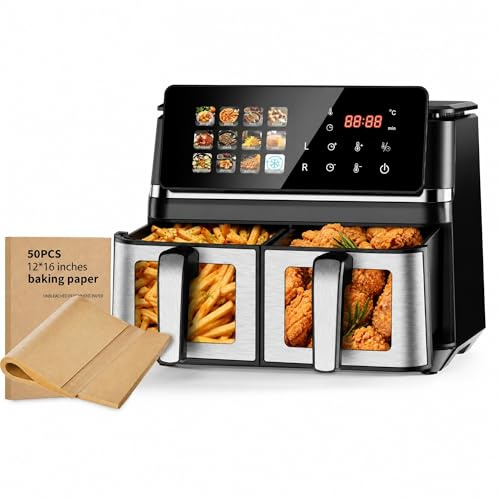 Freidora de Aire 10L Doble Cesta con Sync, 2000W, Panel Táctil Digital, Freidora Sin Aceite, Horno de Aire Multifunción, 12 Programas Automáticos, Ventana y 50 Hojas de Papel de Horno