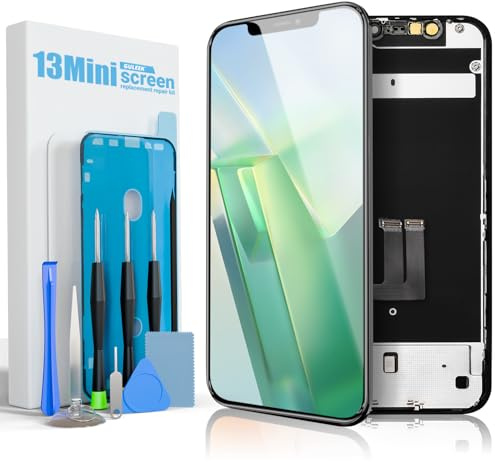 Display für iPhone 13 Mini 5,4 LCD FHD Ersatz Bildschirm Touch Digitizer | COF, Full HD, präzise Touch-Reaktion, hohe Helligkeit, Face ID, inkl. Reparaturset, Schutzglas und Klebestreifen
