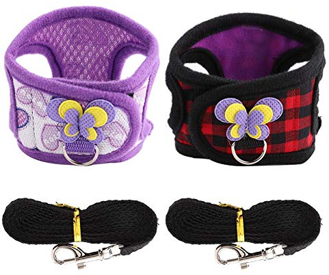 Kleines Tiergeschirr Set mit Leine für Chinchilla, Eichhörnchen, Meerschweinchen, Bunny und Kätzchen, Weste mit Schmetterling Dekor, Rot Gitter und Lila Herzen, 2 Stück, Größe S