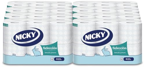 Nicky Auswahl Toilettenpapier, Packung mit 96 Rollen, 150 Blatt mit 3 Schichten, mit Talkduft, extra weiches, dermatologisch getestetes Papier, recycelbare Verpackung, 100% reine Zellulose,