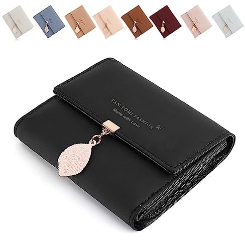 CALIYO Geldbeutel Damen aus Glattem und Weichem Synthetisches Leder Geldbörse klein Kurzformat Portemonnaie Farben mit vielen Fächern(Schwarz)