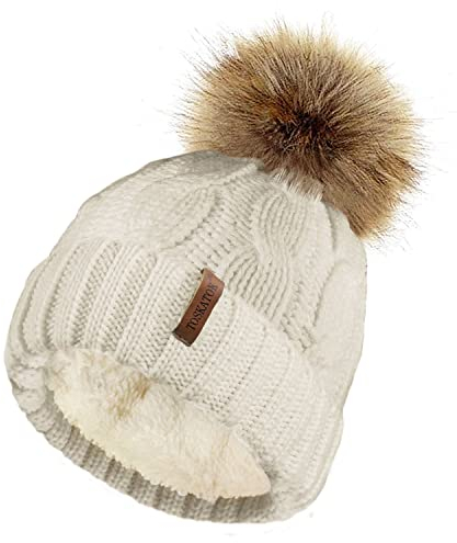 TOSKATOK Damen Chunky weichen Kabel Stricken Hut mit gem�tlichem Fleecefutter und abnehmbarem Kunstpelz Pompom-Natural