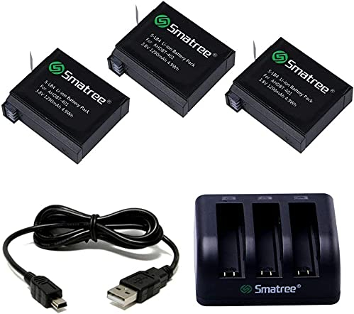 Smatree Batería de repuesto de 1290 mAh (paquete de 3), cargador de 3 canales con cable USB compatible con la cámara Hero 4