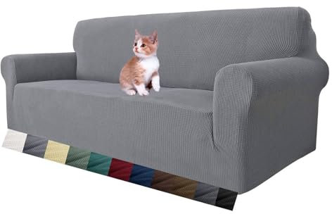 MAXIJIN Super Stretch Couch Bezug für 3-Sitzer Couch, 1-teilige Universal-Sofabezüge Wohnzimmer Jacquard Spandex Möbelschutz Hunde Haustierfreundliche Couch Schonbezug (3 Sitzer, Hellgrau)