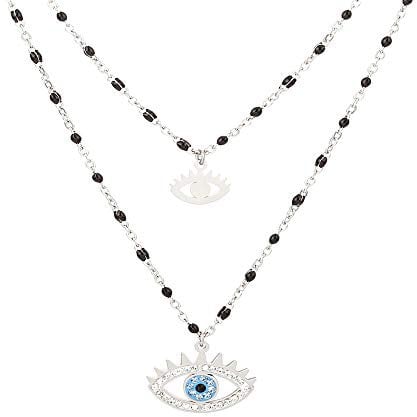 Ouran Evil Eye Pendant Necklace for Women, Double Layer Rose Gold and Silver Plated Stainless Steel Chain Necklace with Crystal