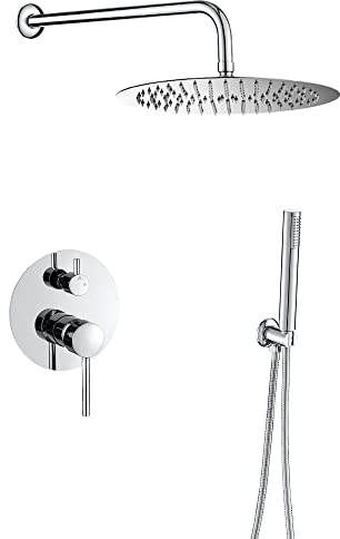 VALAZ Ducha Empotrada Cromada | Ducha Monomando 2 Vías, Rociador Efecto Lluvia | Instalación en Pared Fácil y Rápida | Inoxidable, Elegante, Redonda, Rociador 25 cm, Serie Jucar