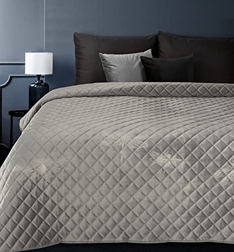 Eurofirany Tagesdecke Bettüberwurf Elegant Biene Libelle Muster Weiche Decke Samt Lori Silber 170 X 210 cm