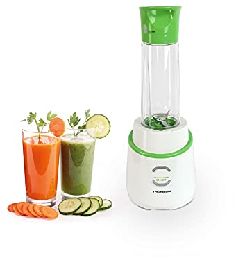 THOMSON Vakuum-Mixer 4 Klingen, sternförmige Klingen, Smoothie Mixer mit 600 ml 2 in 1 Flasche, Smoothie Maker 22.000 rpm, 250 Watt Motor, Spülmaschinen geeignet, weiß/grün