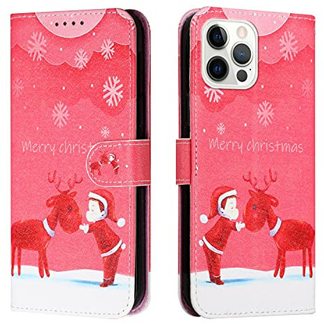 iPhone 13 Pro Case 6.1-Inch, Cute Christmas Xmas Phone Case Premium Leather Wallet Flip Cover Shockproof Protective Cover for iPhone 13 Pro with Card Slots Magnetic Stand, Kid & Elk
