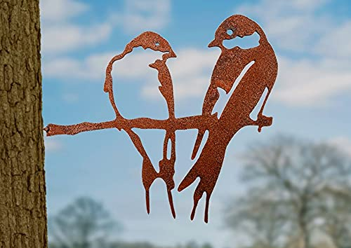 Rostalgie Edelrost Baumstecker Vogelpärchen sitzend auf AST mit Schraubgewinde für Holz