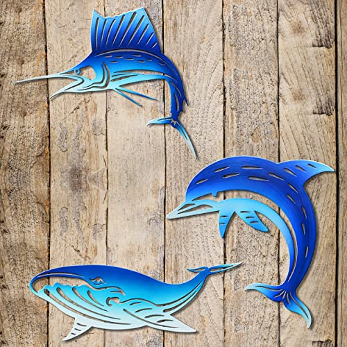 BVLFOOK Decoración de pared de metal, delfín, atún, ballena, playa, costero, decoración colgante para baño, océano, náutico, tropical, playa, decoración temática para el hogar, piscina, valla, patio,