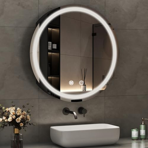 Boromal Spiegelschrank Rund mit LED Beleuchtung Badezimmer Spiegelschrank Bad mit Beleuchtung Schwarz Metall Badezimmerschrank mit Stecker + Dimmbar + Beschlagfrei + Ablage (80 x 80 x 13 cm)
