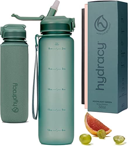 Hydracy Water Bottle with Times to Drink & Straw - Large 1 Litre BPA Free Motivational Water Bottle & No Sweat Sleeve -Leak Proof Gym Bottle with Time Marker - Ideal for Fitness, Sports & Outdoors