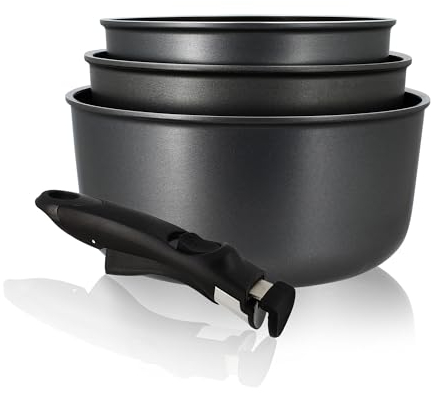 MENASTYL - Set de 4 pièces - 3 casseroles 16/18/20 cm + 1 poignée amovible – 6020284 – Casseroles en aluminium compatibles tous feux dont induction fabriquées en France