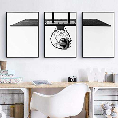 Basketballkorb Poster und Drucke Basketball Liebhaber Geschenk Schwarz Weiß Bild Kunst Leinwand Gemälde Jugendzimmer Wandkunst Dekor 70x90cm(28x35in) x3 Innenrahmen