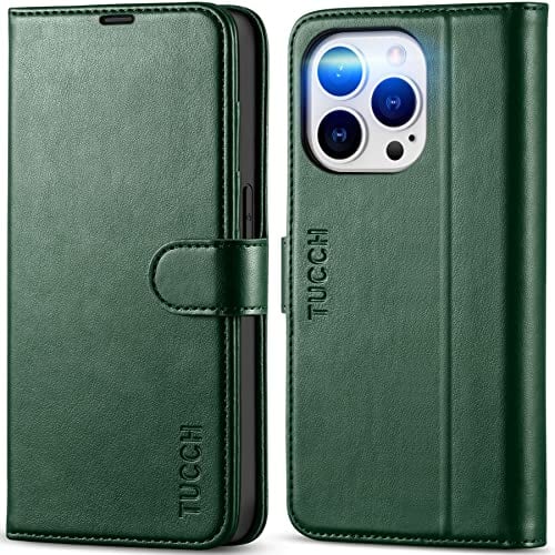 TUCCH Hülle für iPhone 14 Pro 5G Etui 2022 [Ständer] stoßfest Handyhülle mit [[Magnet] Verschluss] TPU [Kartenfach] [RFID Blocker] Booklet kompatibel mit iPhone 14 Pro (6,1 Zoll) Dunkelgrün
