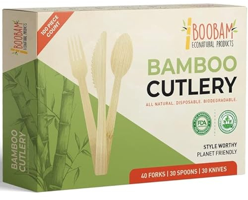 Boobam Econatural Products Bamboo Utensils - Natural Disposable Wooden Cutlery for Party, Eating, Camping, Picnic, Wedding - Compostable Silverware - 30 Spoons, 30 Knives, 40 Forks - Box of 100 Pieces