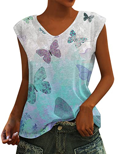 Frauen Cap Sleeve Tanktops Sommer V-Ausschnitt Lässige Loose Fit Plain Shirts Basic Bluse Schwarz Gestreiftes Shirt (M2022E-Blue, S)