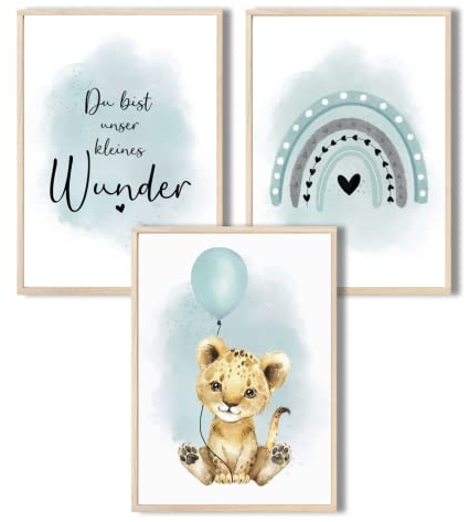 MeinBaby123® I Bilder Kinderzimmer | 3er Set DIN A4 Poster Set | Wandbilder | Kinderzimmer Poster | Deko Bilder Kinderzimmer Mädchen und Jungen | Wandposter Premium (Löwe & Luftballon mint)