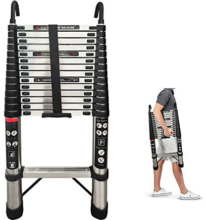 Teleskopleiter 4,4m Edelstahl Schiebeleiter mit 2 Haken, 150KG Max. Belastung, mit Anti-Rutsch-Gummifüßen, zusammengeklappt Höhe 93cm, Gewicht 13.8kg, leicht zu transportieren