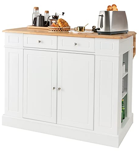GIANTEX Îlot Central de Cuisine avec Plan de Travail Extensible, Desserte de Cuisine en Bois avec Placard et Étagère Réglable, 120 x 61 x 92 cm, Blanc