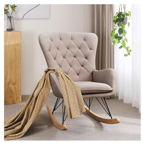 INMOZATA Relax Rocking Chair Linen Fabric Glider Chair Comfortable Rocker Relaxing Recliner Chair Traditional Arm Rest Lounge Chair with High Backrestor Bedroom Office Living Room (Grey)