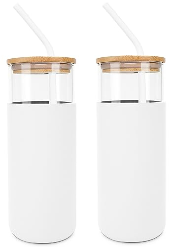 ANOTION Tumbler mit Trinkhalm und Deckel, Trinkflasche Glas Wasserflasche mit Silikonhülle mit Bambusdeckel– 450 ML- Weiß-2-Sätze
