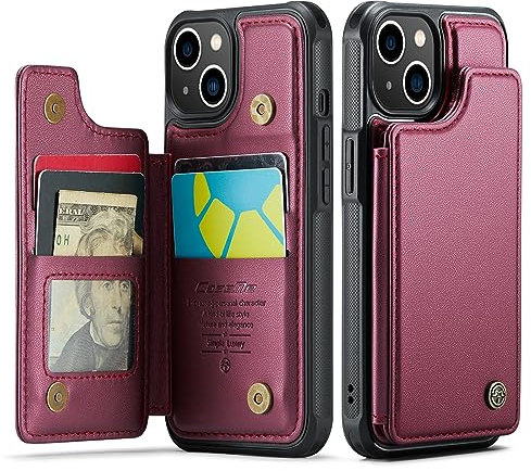 UEEBAI Wallet Case for iPhone 14 6.1 inch, RFID Blocking Card Slots Flip Case PU Leather Kickstand Folio Case Magnetic Clasp Cover Shockproof Case for Men - Wine Red