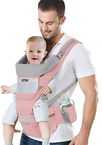 IULONEE Baby Carrier with Hip Seat Ergonomic Toddler Carriers Backpack Baby Shoulder Carrier Adjustable Front and Back Carry for Newborn 3 Months to 3 Years(7-45lbs) (Pink)