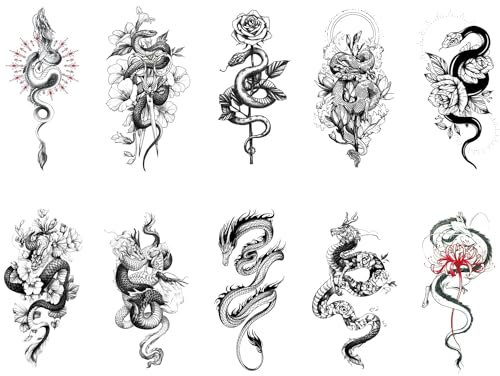 Tatuaggi Temporanei 10 Fogli Tatuaggi Temporanei Per Donne Ragazze Fiori Serpente, Drago Tatuaggio Temporaneo Uomini Bambini Impermeabile 3D Body Art Adesivo Braccio