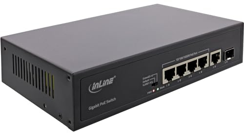 InLine PoE+ Gigabit Netzwerk Switch 5 Port mit 4X PoE+ Ports, 65 Watt, 1x SFP-Port, LWL / Glasfaser, LAN, 1GBit/s, Desktop, lüfterloses Metallgehäuse, schwarz, 32305R