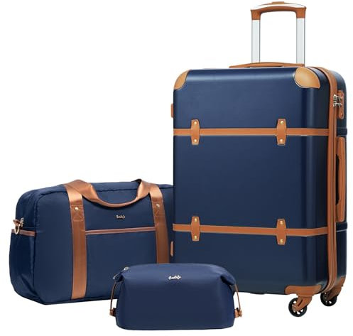 COOLIFE Koffer Set, Hartschalenkoffer 3 TLG Reseikoffer Mittelgroß Koffer Enthält 1 Reisetasche und 1 Kulturbeutel TSA-Schloss 4 Rollen, Blau/Braun, Mittlerer Koffer-Set 3tlg