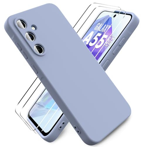 Ikziwreo - Hülle für Samsung Galaxy A55 5G Handyhülle, mit 2 Stück Displayschutzfolien, Reiner Farbe Ultradünne Weich Silikonhülle, Stoßfeste Anti-Scratch Gummi Schutzhülle - Grau