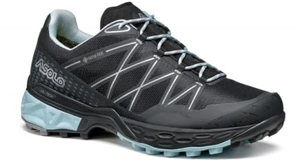 ASOLO Women's Tahoe GTX Waterproof Breathable Comfortable Cushioned Low Cut Hiking Boots for Fastpacking in Rugged Terrains, Black/Black/Celadon, 7.5