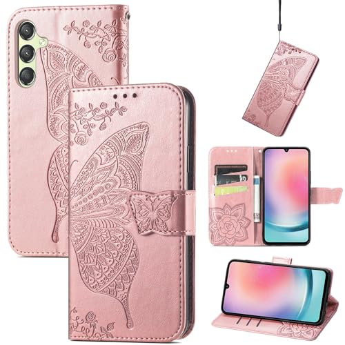 JIUNINE Cover per Samsung Galaxy A15, Custodia Interno TPU Antiurto Portafoglio con Disegni di Farfalla [Carta Fessura] [Supporto Stand] Cover Libro in PU Pelle per Samsung A15, Oro rosa