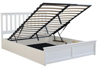 Home Source Ottoman Double Size Pine End Lift Storage Bed, Gas Lift, White