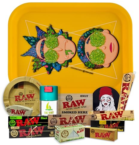 Regalo para fumadores Bandeja para liar oficial Rick y Morty 25 x 19cm + Cenicero RAW + Bote Antiolor THE BOAT + Papel Raw Organic, Black y Clasic King Size + Rollos (Rick Amarillo)