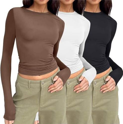 3 Pack Women's Black Long Sleeve Crop Tops Slim Fit Basic Y2k T-Shirt Casual Solid Color Crew Neck Tight Seamless Blouse Tee Cropped