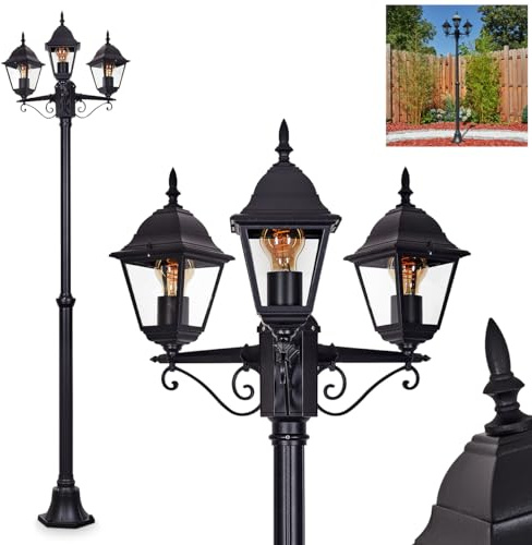HOFSTEIN Kandelaber Naofe, Außenwegeleuchte aus Metall/Glas in Schwarz/Klar, Wegeleuchte im Landhaus/Antik/Retro/Vintage-Design für Garten, Außenbereich, Terrasse, Hof, Höhe max. 220 cm, 3 x E27, IP44