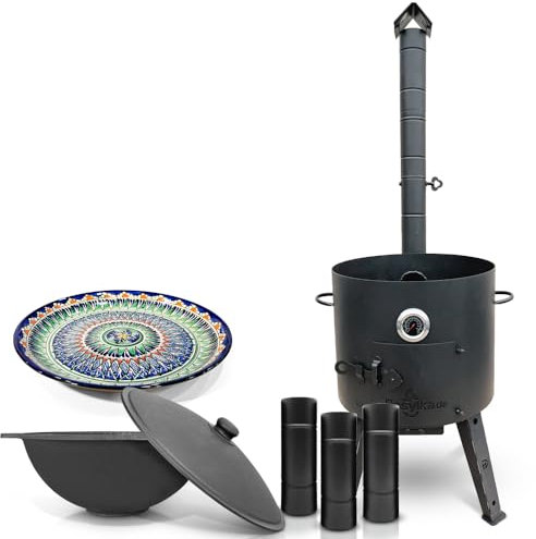 Feuerofen Utschak Ø 44 cm mit Thermometer Gusseisen Kazan 16 L Verlängerungsrohr Kasan Казан Учак Lagan Ø 37 cm Uchag (Set 1)
