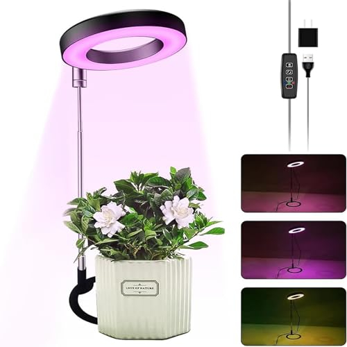 Lixada Pflanzenlampe LED, Vollspektrum Pflanzenlicht für Zimmerpflanzen, Höhenverstellbares LED- Pflanzenwachstumslampe mit Zeitschaltuhr 3/9/12 Std mit USB Adapter, 3 Lichter Modi und 9 Helligkeit