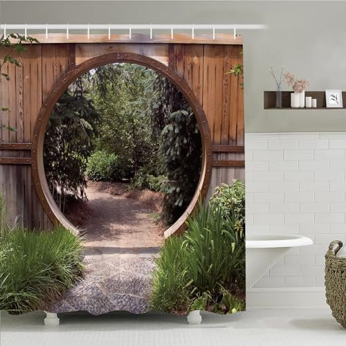 Simpomsy Japanese Shower Curtain Outdoor, Shower Curtain for Garden Decoration, Circle Rustic Doorway Gate Scenery Waterproof Bathroom Curtain with 12 Hooks 180x180cm