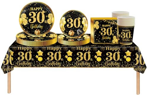 69pcs Black Gold Decorations for Men & Women - Tableware Set with Tablecloth, Paper Plates, Napkins, Serviettes, Cups for 30th Birthday Gifts